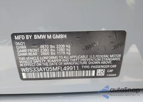 2021 BMW M3 Competition z USA, uszkodzony, nr VIN WBS33AY05MFL49911